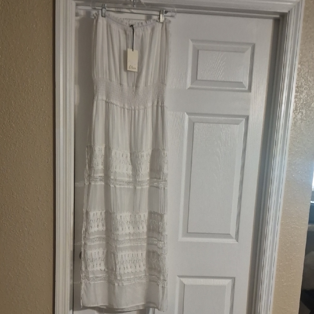 Elan White Maxi Strapless Dress with Lace Trim
